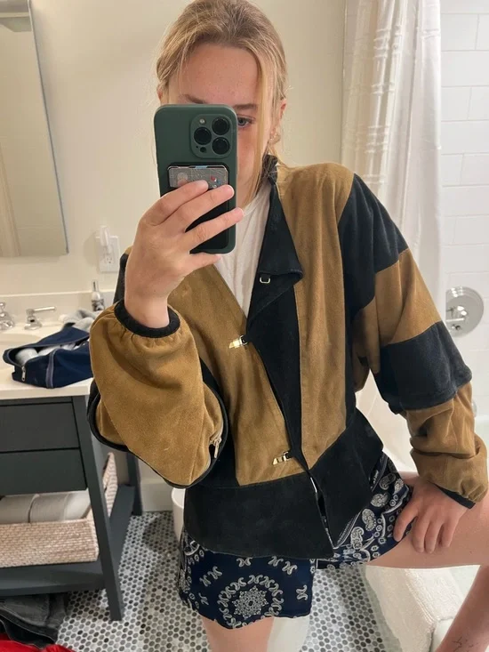 Vintage Black & Brown Suede Colorblock Bomber Jacket - Picture 2 of 6